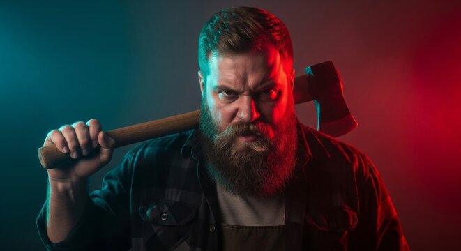 Intense bearded man with axe in dramatic red and teal lighting
