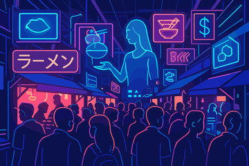 Neon market scene with glowing signs and a crowd of people enjoying urban nightlife in a vibrant alleyway