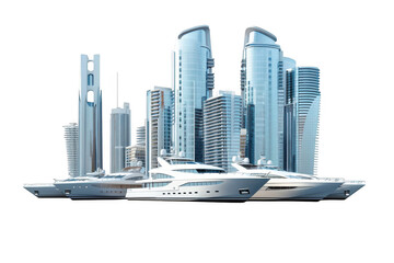 Modern City Skyline with Luxury Yachts on Black Background skyscrapers architecture