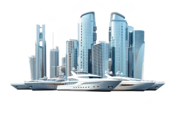 Modern City Skyline with Luxury Yachts on Black Background skyscrapers architecture