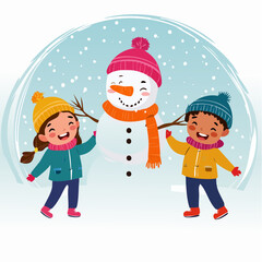 Naklejka premium Lachende Kinder bauen einen Schneemann