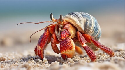 A vibrant hermit crab moves across the warm sand showcasing its striking red claws and unique shell. The sunlight glistens on the shoreline as gentle waves lap at the beach.