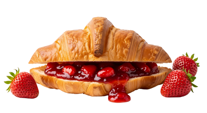 Croissant with strawberry filling. isolated on transparent background