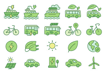 Icons representing sustainable transportation options and renewable energy sources in a simple and colorful design