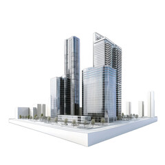 Architectural Model of Modern City Buildings with Trees on White Base and Black Background