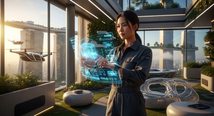 Asian woman interacting with holographic display in futuristic smart city with air taxis