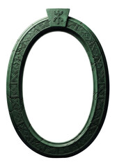 Obraz premium Weathered emerald green stone oval frame, intricate carvings, archaic symbol, empty white center, isolated on stark white studio background with soft lighting. Ancient mystery concept
