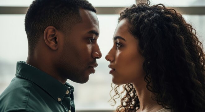 Intimate close-up of young diverse couple sharing an intense moment - Powered by Adobe