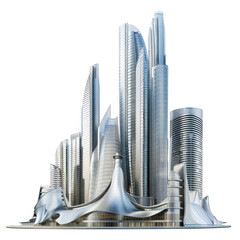 Futuristic Cityscape with Organic and Sleek Metallic Skyscrapers on White Base and Black Background