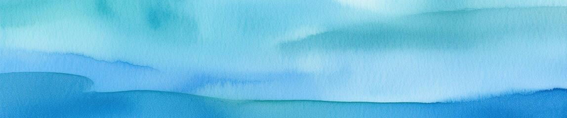 Abstract watercolor background in shades of blue and turquoise. Water-themed, serene and refreshing artistic texture. Panoramic banner.