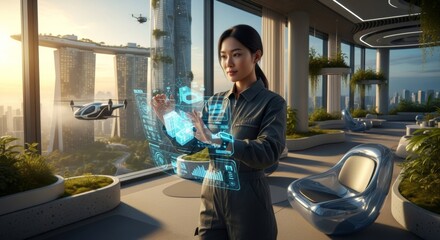 Asian woman interacting holographic interface in futuristic smart city office