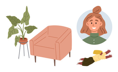 Potted green plant next to a coral armchair, smiling woman portrait in a circle, child playing on the floor. Ideal for family life, comfort, home decor, relaxation, parenting, self-expression simple