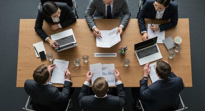 High-angle view of diverse business professionals collaborating at a modern conference table, analyzing documents and laptops during a strategic meeting