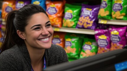 Smiling employee assisting customers grocery store portrait bright environment close-up customer service