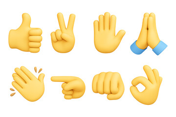 3D yellow emoji hand gesture icon set. A collection of colorful cartoon symbols including thumbs up, peace sign, and clapping hands. Isolated on a transparent background.