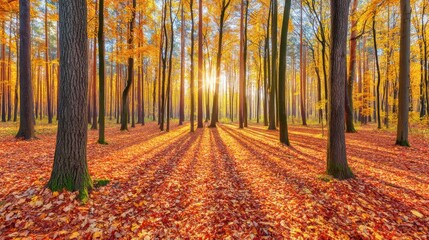 Autumn sunrise over vibrant forest nature photography tranquil environment scenic view serene atmosphere