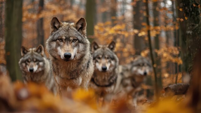 Breathtaking Autumn Scene A Striking Pack of Wolves Roaming through a Forest Backdrop, Ideal for HighEnergy and Seasonal Marketing Campaigns Boosts Excitement and Connects with Natures.