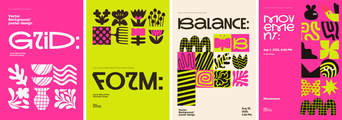 A vibrant collection of four vector posters showcasing modern design elements. Each poster features bold typography and abstract shapes in bright colors, including pink, yellow, and black. The