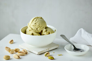 bowl of pistachio ice cream