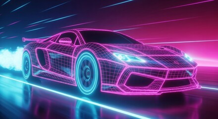 Neon wireframe sports car speeding in futuristic cyberpunk tunnel