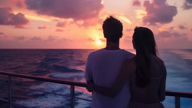 A loving pair gazes at radiant horizon, enveloped by vibrant hues of twilight across expansive marine realm from ship