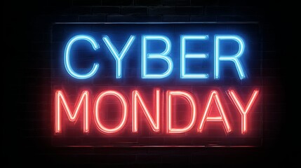 Vibrant neon sign glows CYBER MONDAY in stunning blue and red against a dark brick wall, perfect for holiday sales promotions and online shopping excitement.