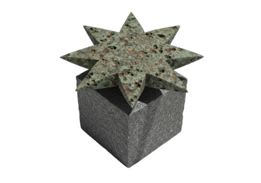 An ancient, eight-pointed, asymmetrical star of heavily patinaed bronze, rough and oxidized, on a dark, unpolished granite block, studio white background, soft shadow. Concept of ancient cartography