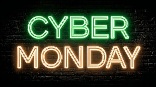 Ignite massive sales with vibrant neon 'Cyber Monday' sign glowing against a dark brick wall, perfect for promoting online deals and holiday shopping. - Powered by Adobe