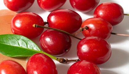 Fresh and Juicy Dogwood Cherries with Green Leaf.