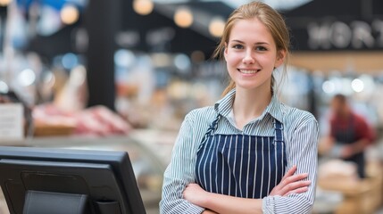 Customer service action local grocery store portrait image retail environment friendly viewpoint service excellence concept