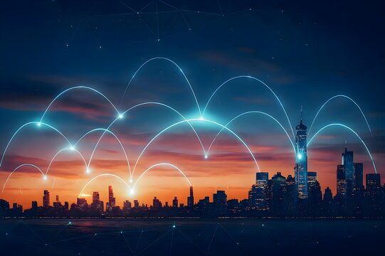 Global Network Connections Over City Skyline at Dusk — Futuristic AI Communication and Digital Technology Concept