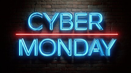 Stunning blue neon 'Cyber Monday' sign glows intensely on a dark brick wall, promising massive online deals and shopping excitement for eager buyers.