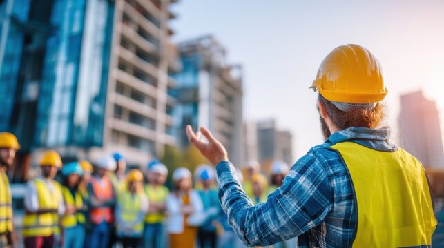 Construction safety meeting urban construction site image of workers daylight wide angle group collaboration