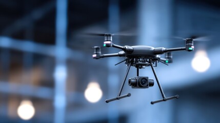 Drone inspection of industrial spaces modern warehouse aerial photography controlled environment close-up view technology advances