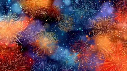 Colorful fireworks explode in the dark night sky with vibrant red, blue and golden bursts surrounded by glowing sparkles and bokeh lights. Festive celebration atmosphere