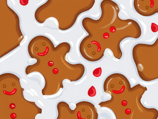 Gingerbread Cookies with Red Icing on Snowy Frosting Background