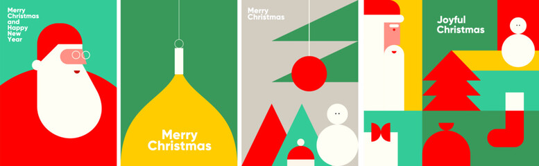 A vibrant and modern Christmas-themed illustration featuring abstract designs of Santa Claus, Christmas ornaments, and festive trees. The colorful composition conveys a joyful holiday spirit 