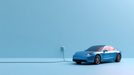 Blue Electric Car Charging Against Minimalist Wall Background - Futuristic Eco Transportation Concept