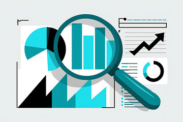 Market research and digital marketing analytics concept — vector illustration of magnifying glass focusing on stylized pie charts and trend arrows, clean flat design, black, white, and turquoise palet
