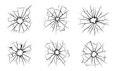 Broken Glass Crack Vector Set with Shattered Window Effects. Collection of broken glass cracks in various shapes. Realistic shattered window impact effect. Vector isoleted graphic set