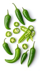 Fresh Green Jalapeno Peppers - Whole and Sliced on White.