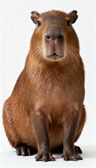Close-up of a curious capybara sitting against a white background, showcasing its brown fur and expressive face