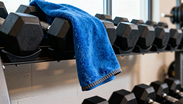 Blue towel placed on a rack of black hexagonal dumbbells in a gym setting with natural light