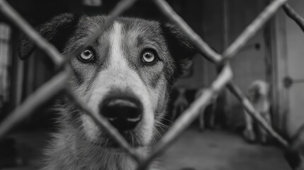 Black White Photo of Rescue Dog Peering Through Fence at Animal Shelter, Emotional and Empowering Image for Pet Adoption Campaigns.
