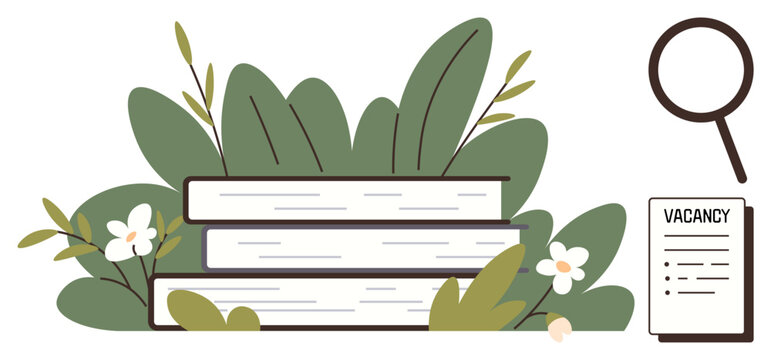 Stack of books surrounded by leaves and flowers, accompanied by a magnifying glass and vacancy document. Ideal for education, research, job search, learning, nature, literature, academic growth
