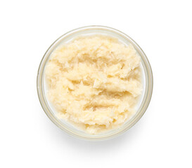 Bowl with horseradish sauce on white background