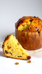 Delicious Panettone Bread Slice and Loaf with Raisins.