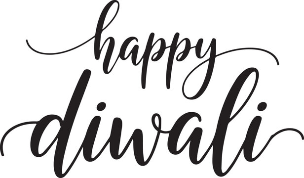 An elegant black and white vector typographic design of "Happy Diwali," rendered entirely in a beautiful, flowing script font, perfect for conveying a graceful and heartfelt festive greeting.
