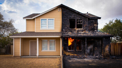 Half-burnt house showing fire damage and destruction, symbolizing property loss, insurance claims, emergency response, home safety, and fire disaster recovery efforts