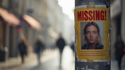 Missing person poster on city street pole with blurred crowd in background, symbolizing search efforts, public alert, and urgent call for help in urban area